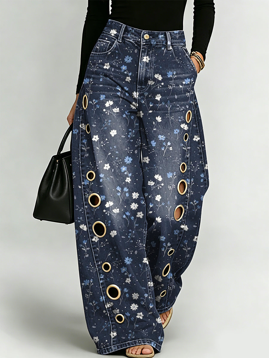 Elegant Floral Decorative Patterns Women's Denim Pants