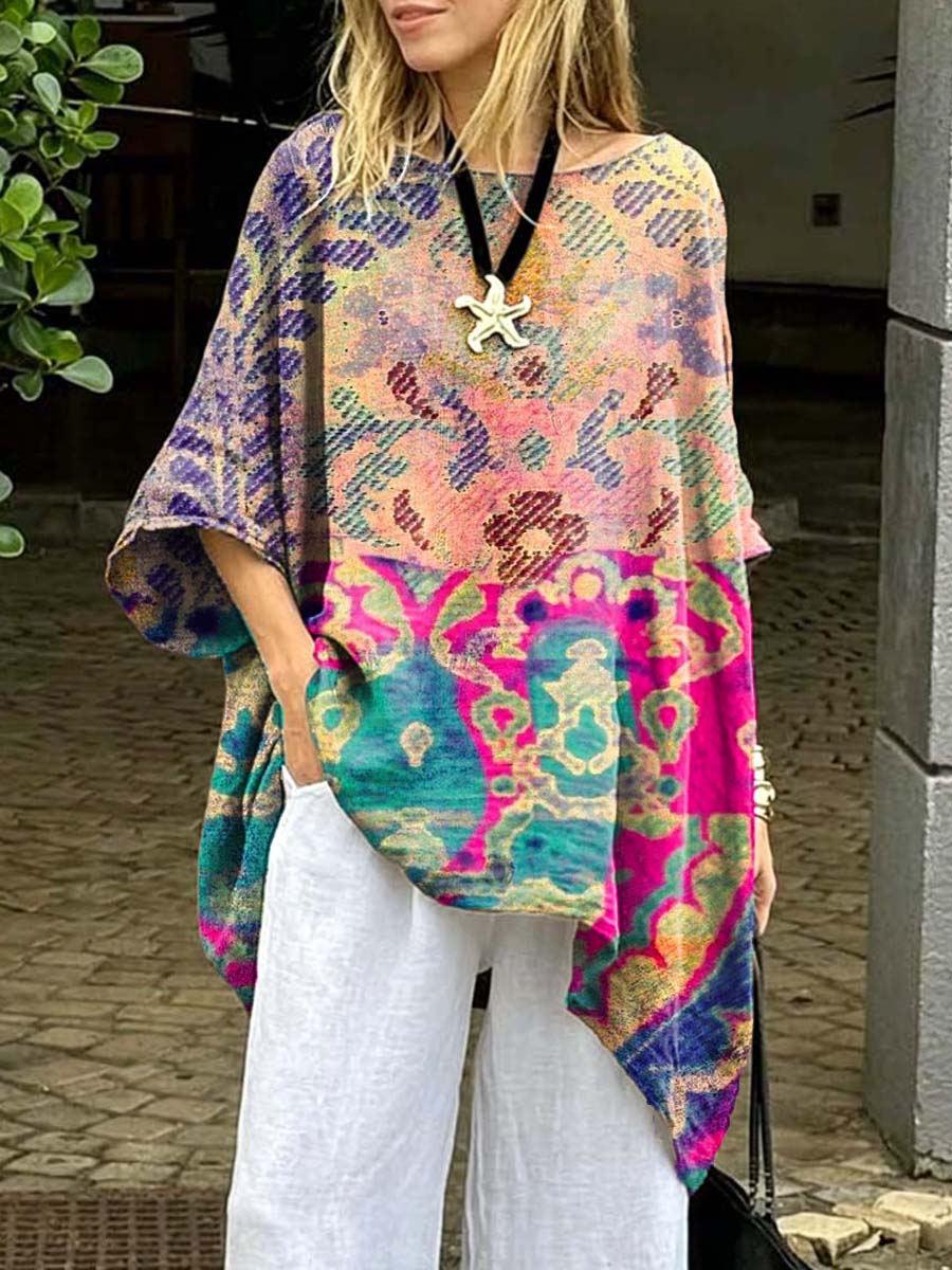 Women's Retro Art Print Casual Cotton Long Shirt