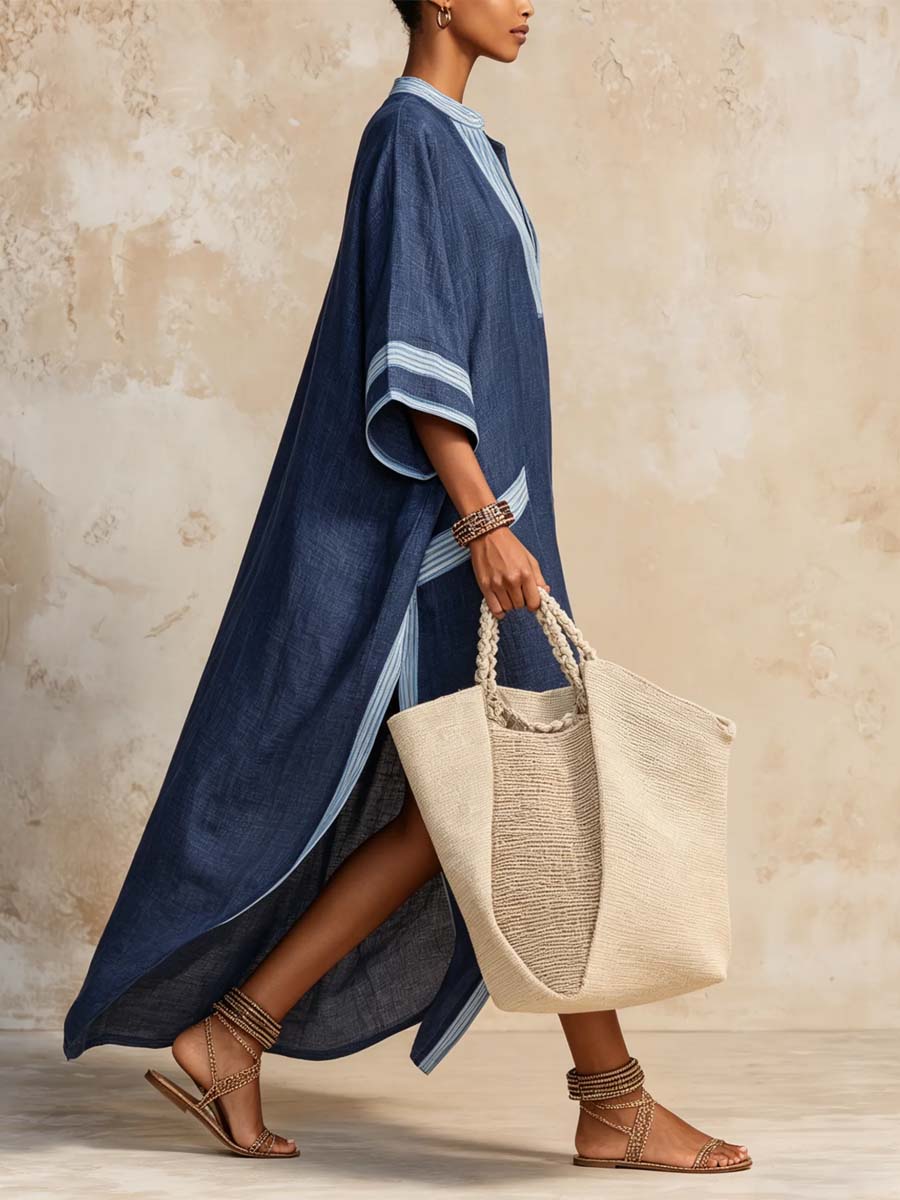 Women's Striped Color Block Art Stylish Cotton Linen Maxi Dress