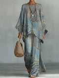 Women's Vintage Floral Art Comfortable Loose Cotton Linen Wide-leg Pants Two-piece Set