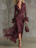 Stylish And Elegant Snake-print Chiffon Dress With Ruffled Collar