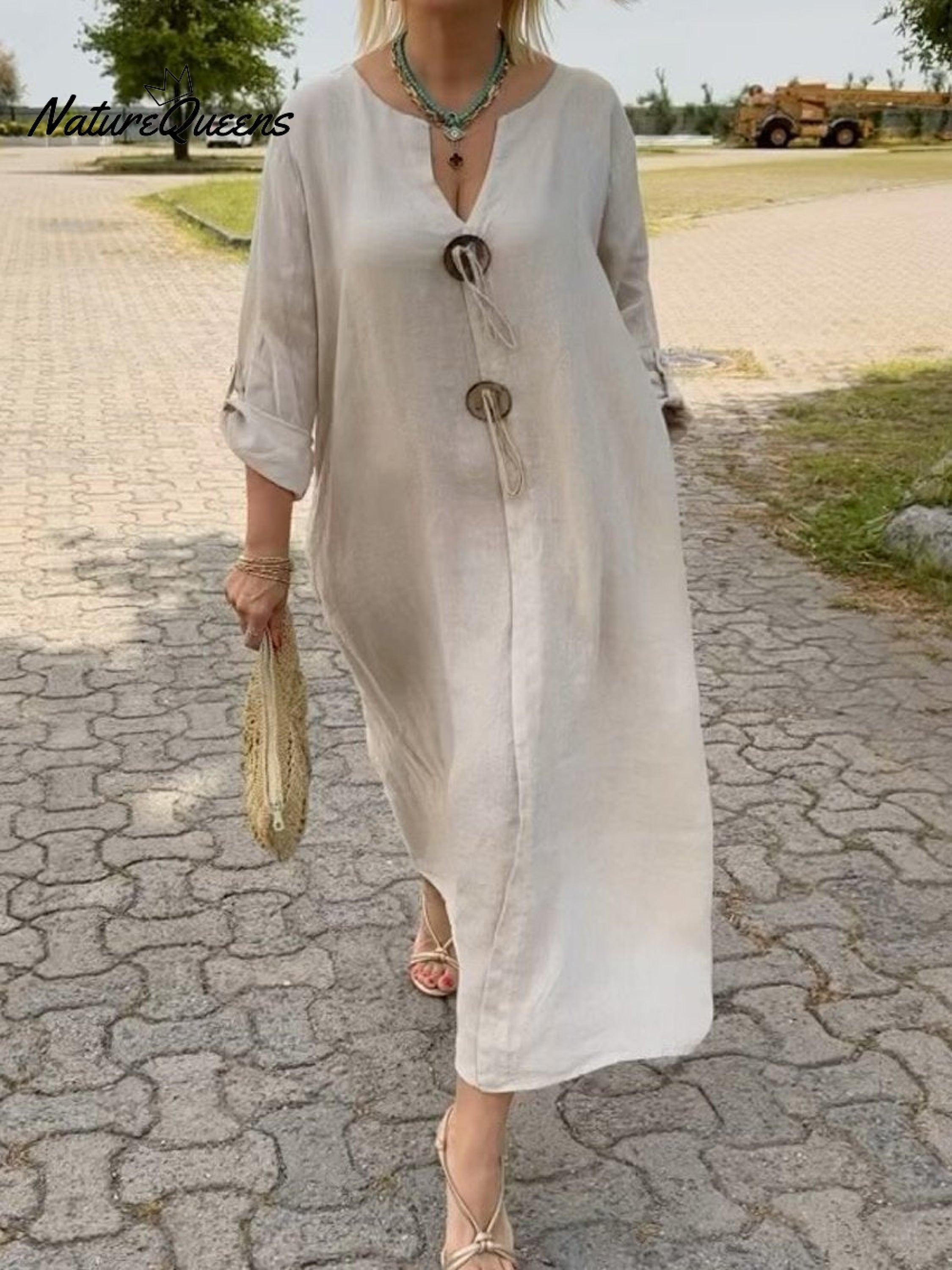 Women's V-Neck Button Detail Imported Cotton Linen Pocket Dress
