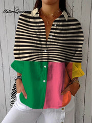 Women's Abstract Geometric Line Pattern Art Print Casual Cotton Linen V-neck Shirt