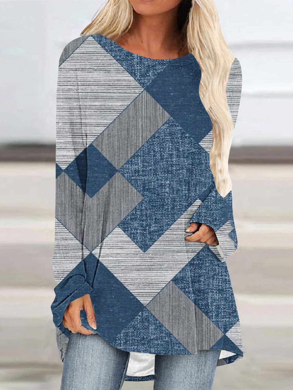 Crew Neck Long Sleeve Denim Pattern Mid-length Blouse
