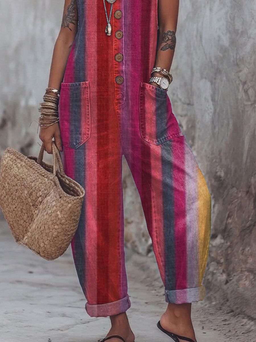 Women's Vintage Rainbow Art Print Casual Jumpsuit