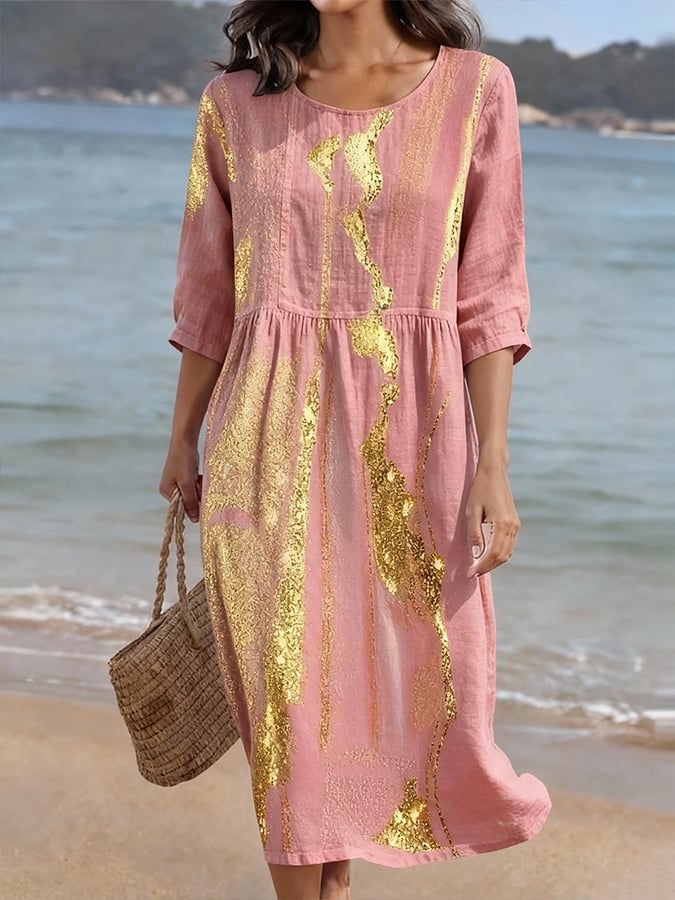 Women's CasualRound Neck Mid Sleeve Print Cotton and Linen Dress