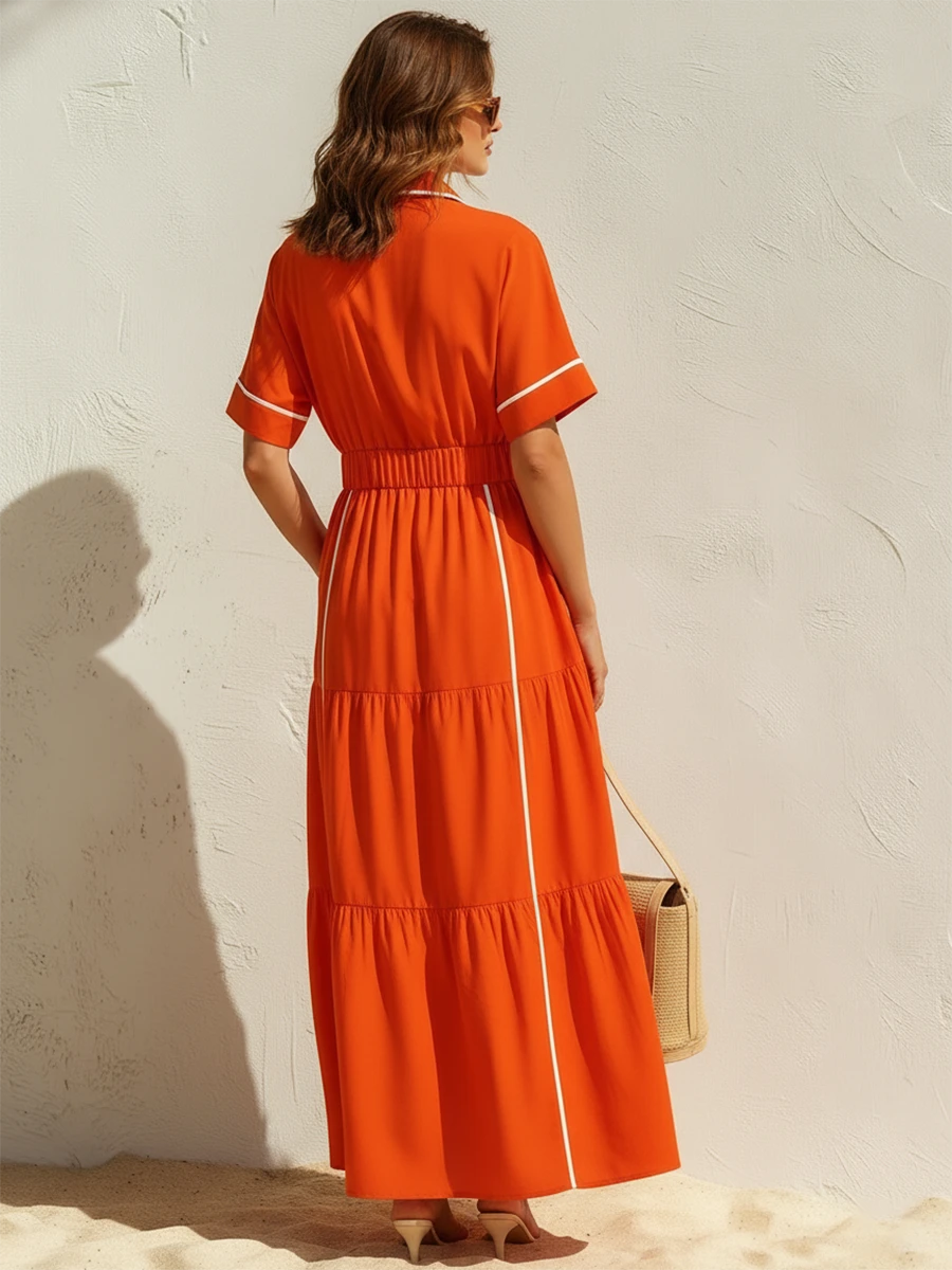 Women's Orange and White Color-Block Vacation Style Cotton-Linen Shirt Dress