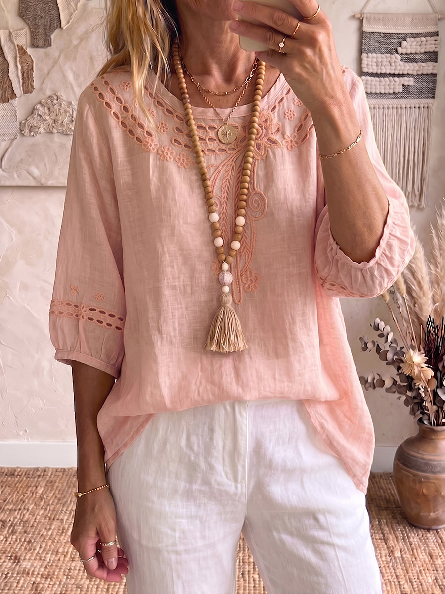 Vintage Embroidered Cotton-linen Blouse