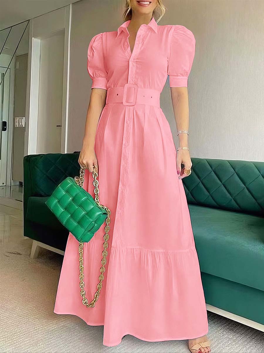 Women's Solid Color Art Casual Elegant Short Sleeve With Belt Long Dress