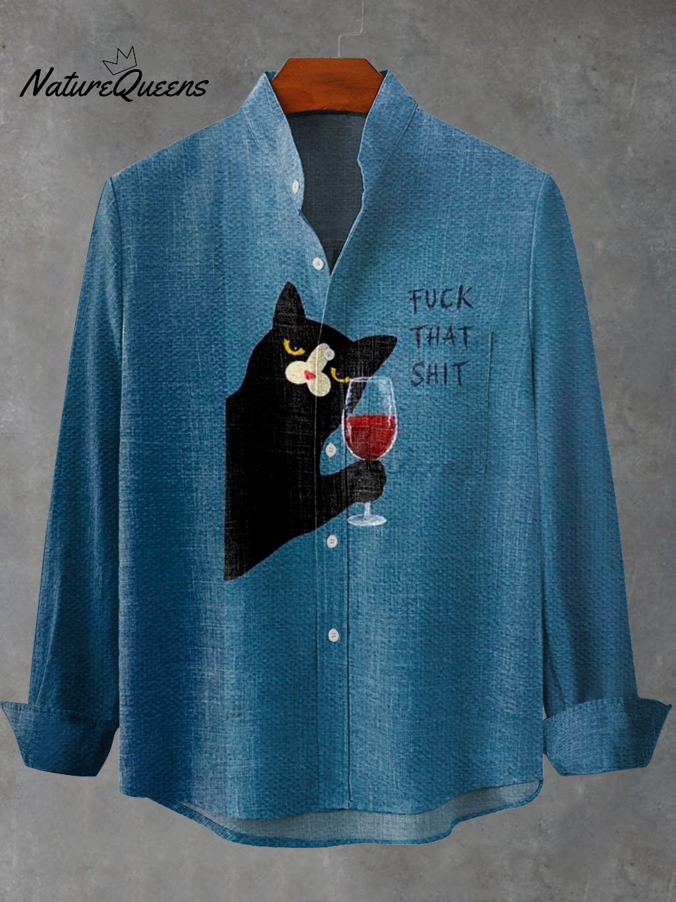 Fun Black Cat Fock That Shat Print 100% Cotton Long Sleeve Shirt