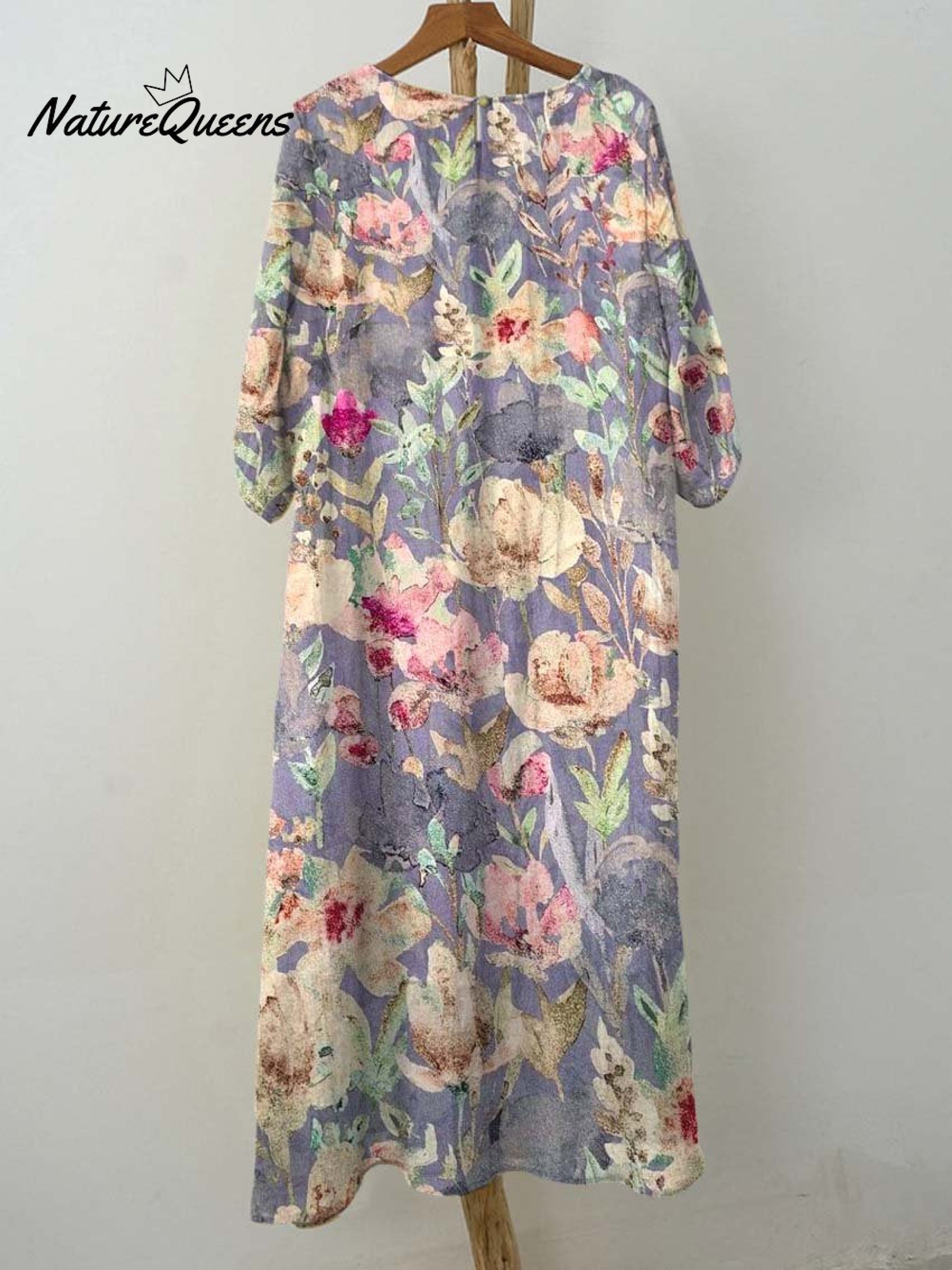 Women's Retro Purple Floral Print Pocket Cotton Dress