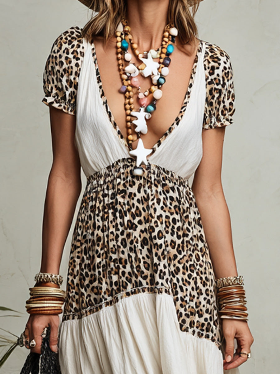 Leopard Print & Color Block Tiered High-low Maxi Dress