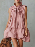 Women's Retro Vacation-style Stand Collar Front-button And Ruffled Trim Pink Cotton-linen Mini Dress