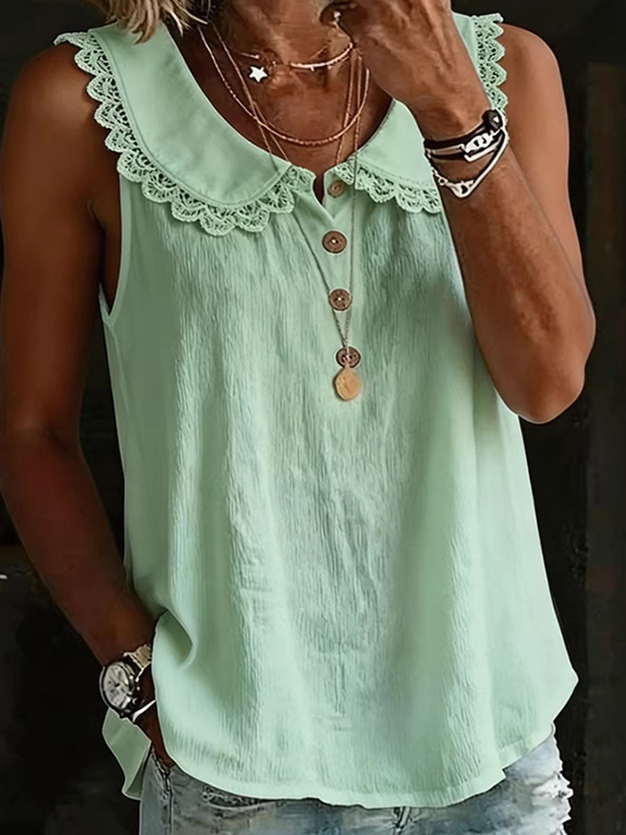 Women's Solid-color Sleeveless Shirt — Turn-down Collar, Lace Trim, Button-front