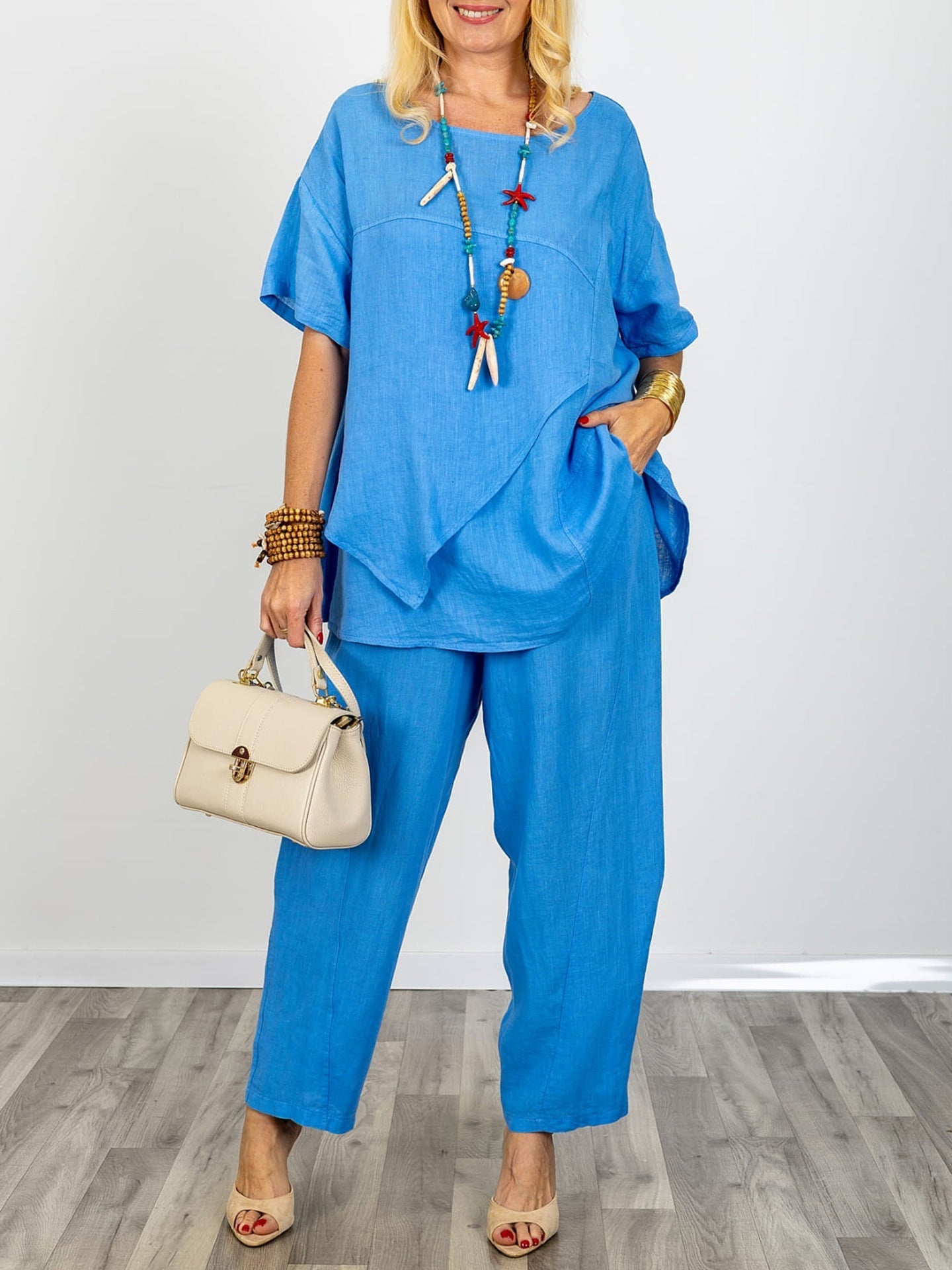 Casual Linen And Cotton Two-piece Top And Pants Set