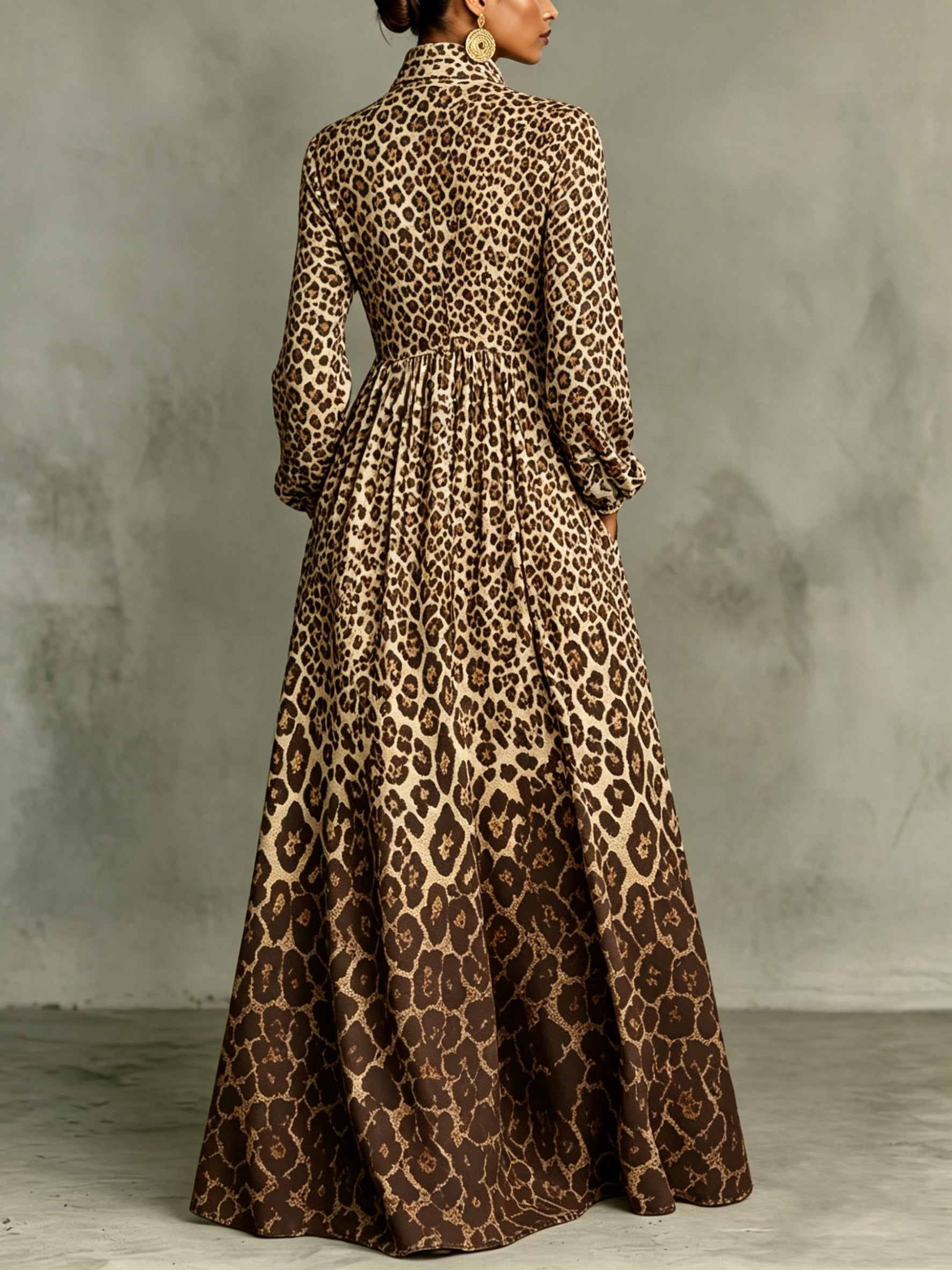 Gradient Leopard Print Stand Collar Button-down Maxi Shirt Dress