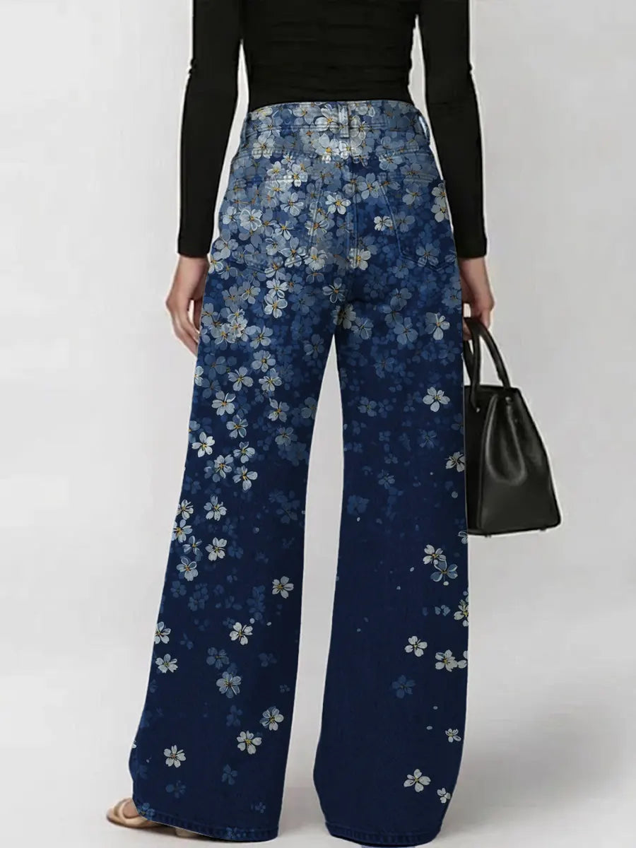 Women's Vintage Gradient Art Flowers Print Casual Fashion Cutout Jeans