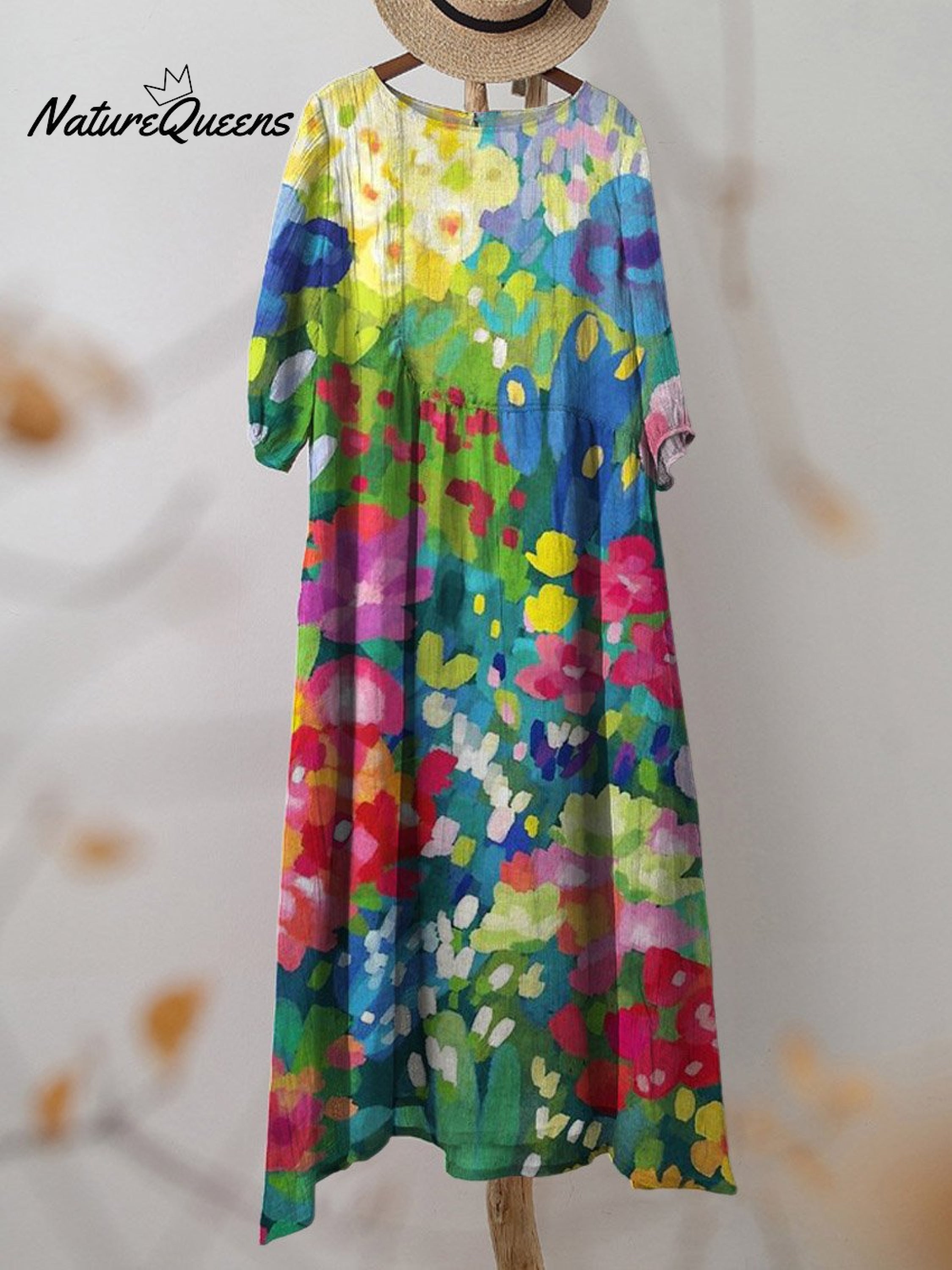 Women's Vintage Lovely Floral Art Print Pocket Cotton Dress