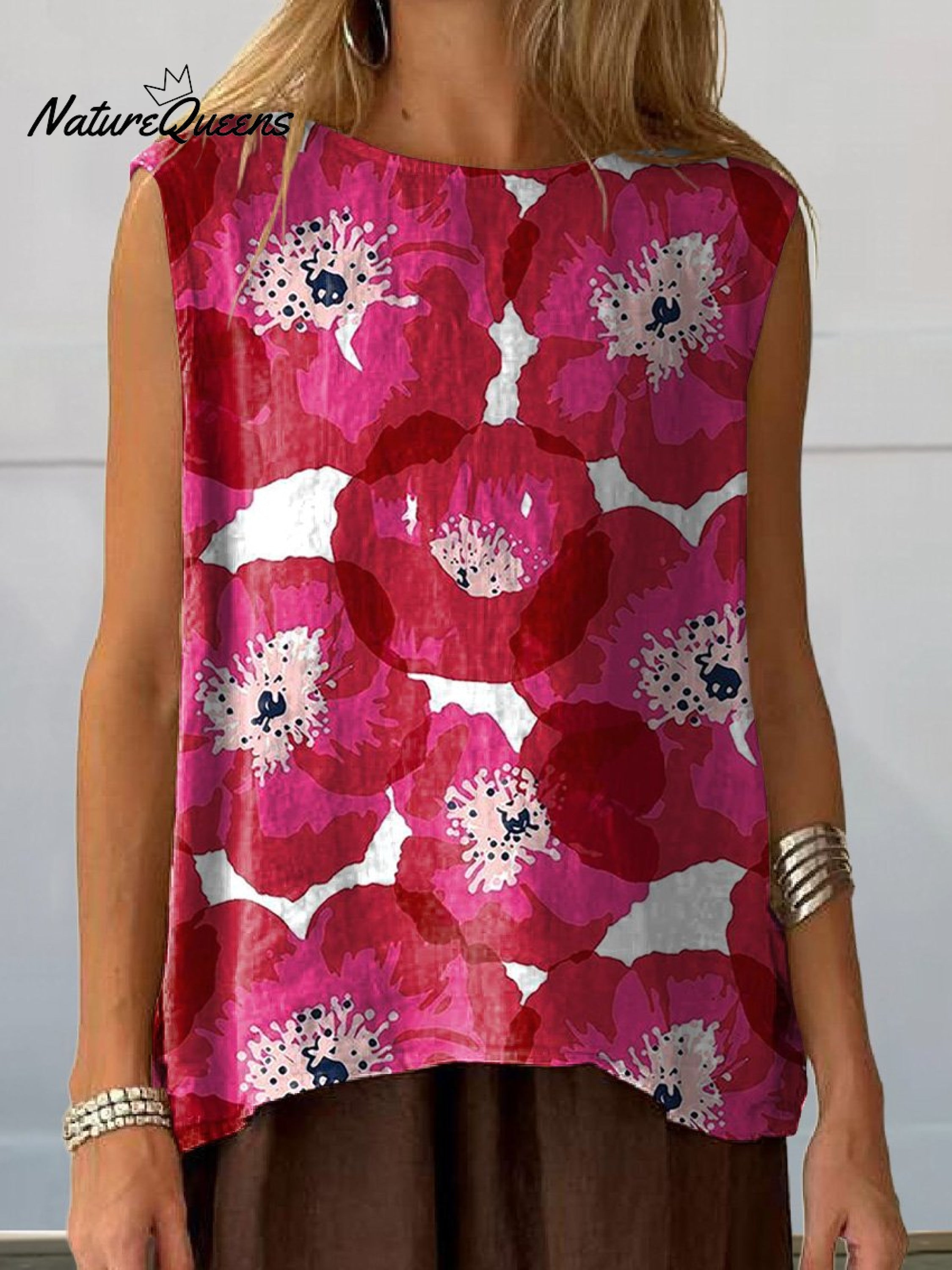 Summer Red Poppy Pattern Printed Women's CasualCotton And Linen Tank Top