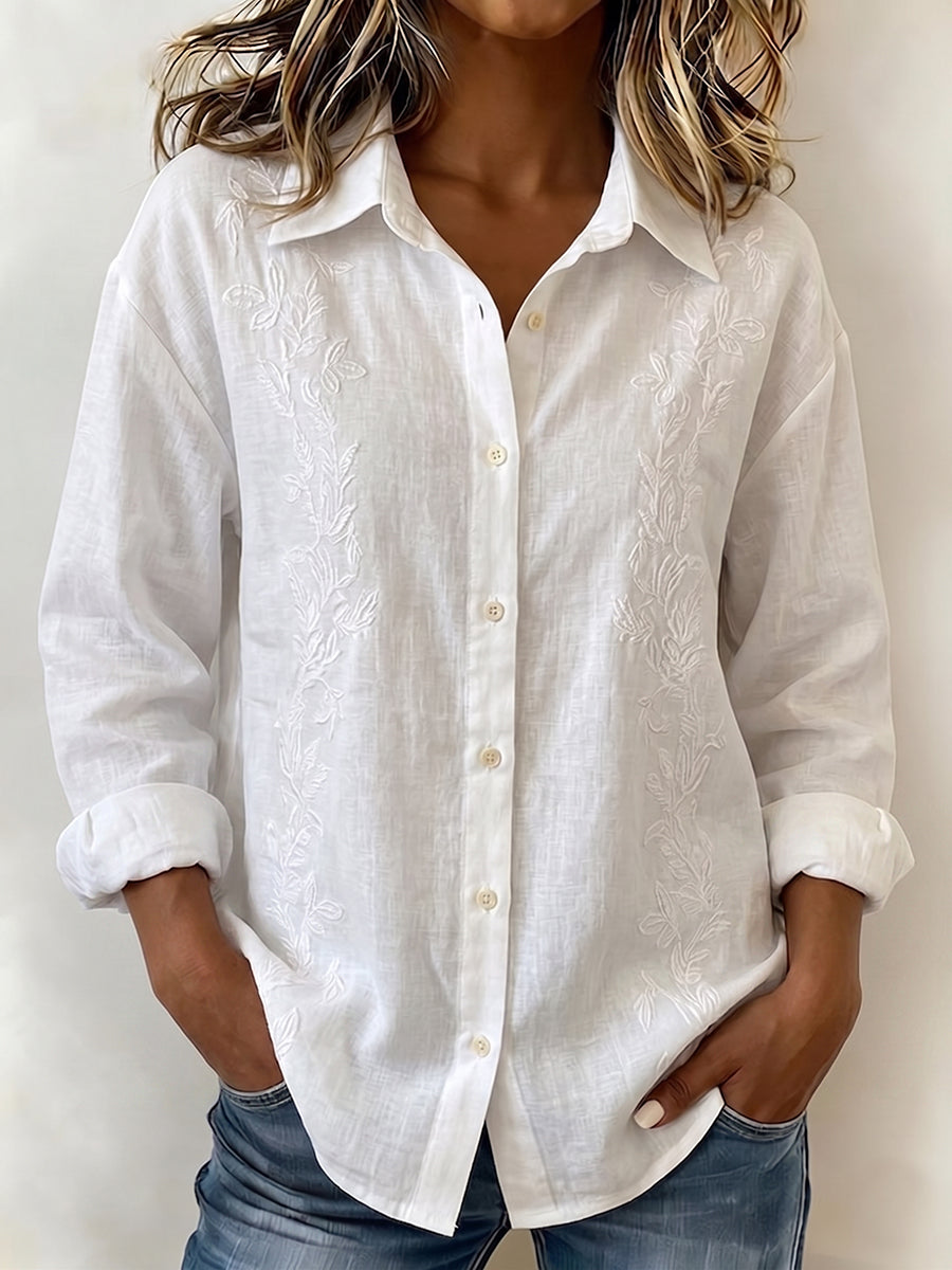 Vintage Floral Bouquet Embroidered Cotton-linen Blouse