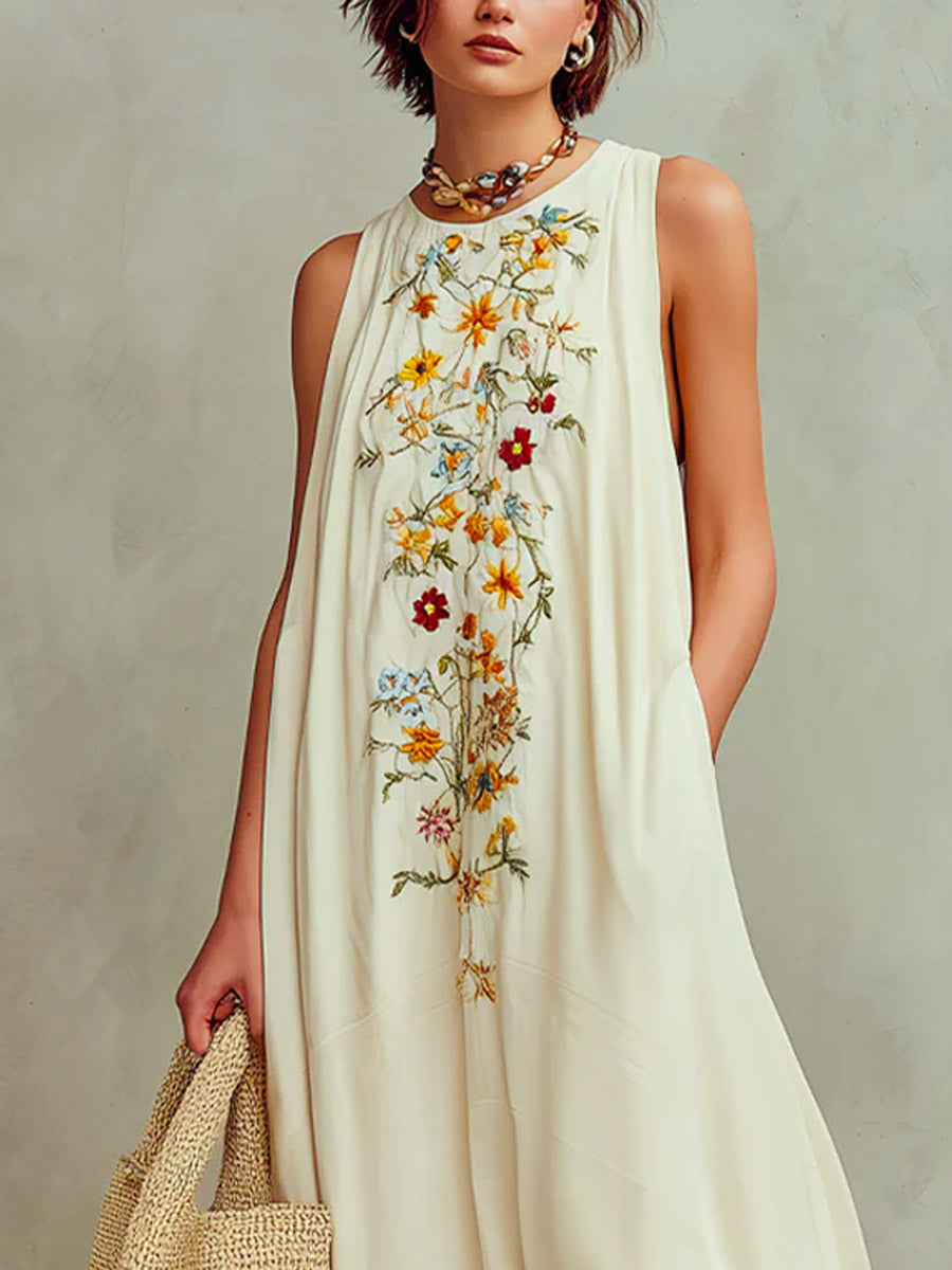 Women's Ethnic Floral Art Print Casual Stylish Comfortable Cotton Long Dress