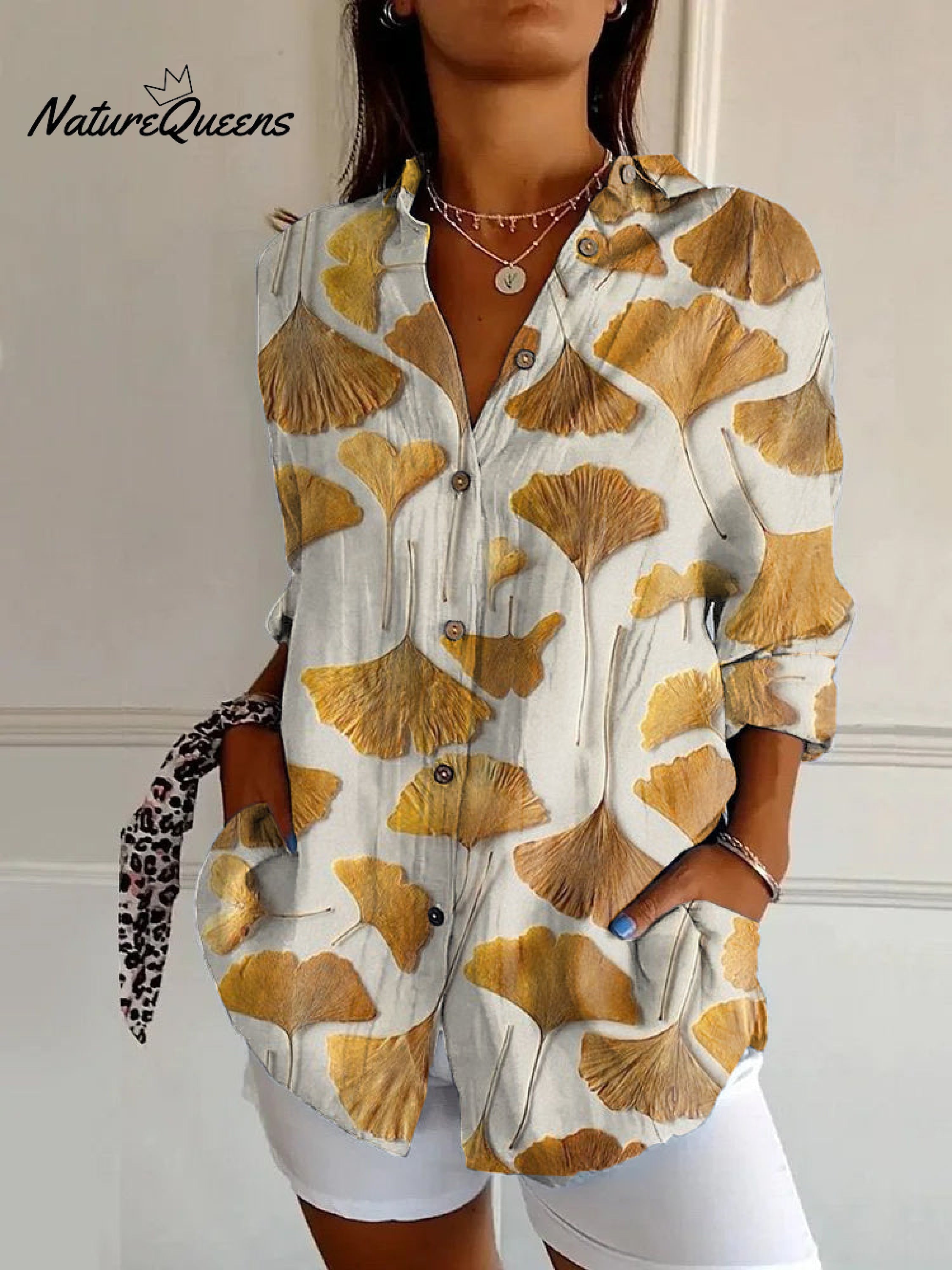 Japanese Art Ginkgo Leaf Print Casual Long Sleeve Shirt