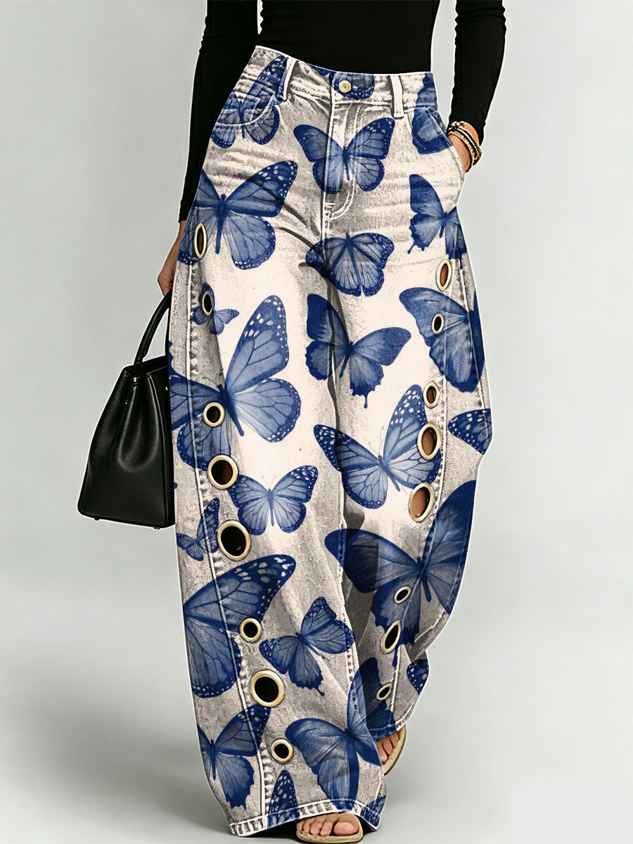 Elegant Butterfly Decorative Pattern Women's Cotton Denim Pants