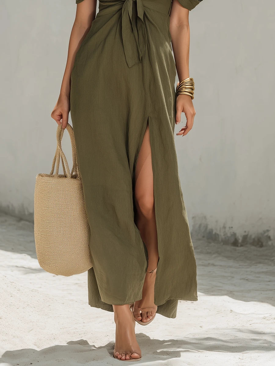 Olive Green Cold Shoulder Tie-front Linen Cotton Maxi Dress
