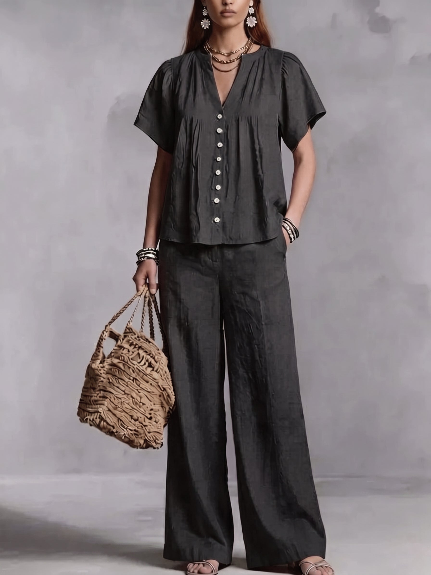 Women's Cotton-Linen V-Neck Casual Set for Beach Vacations
