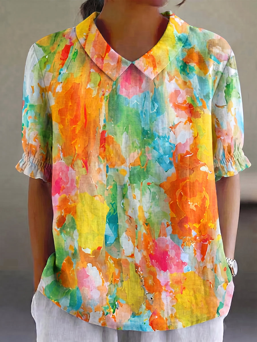 Retro Watercolor Floral Cotton-linen Short-sleeve Shirt