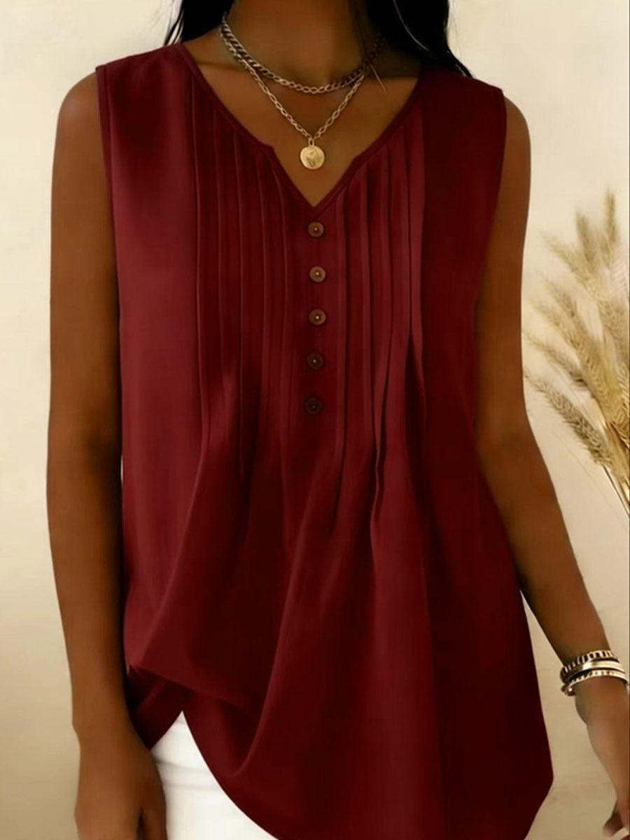 Women's V-neck Pleated Solid-color Sleeveless Top