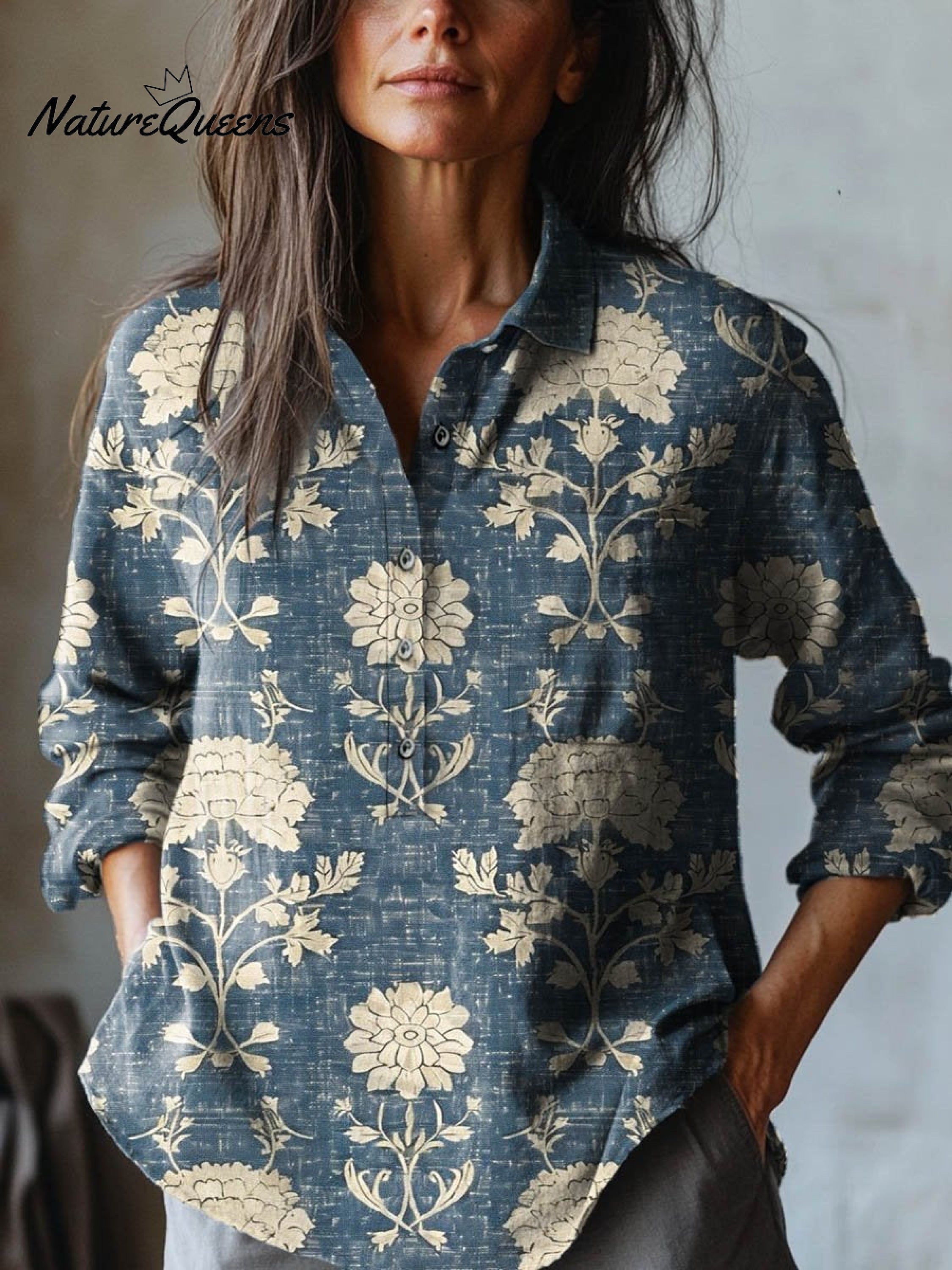 Women's Vintage Lovely Floral Art Print Casual Cotton And Linen Shirt
