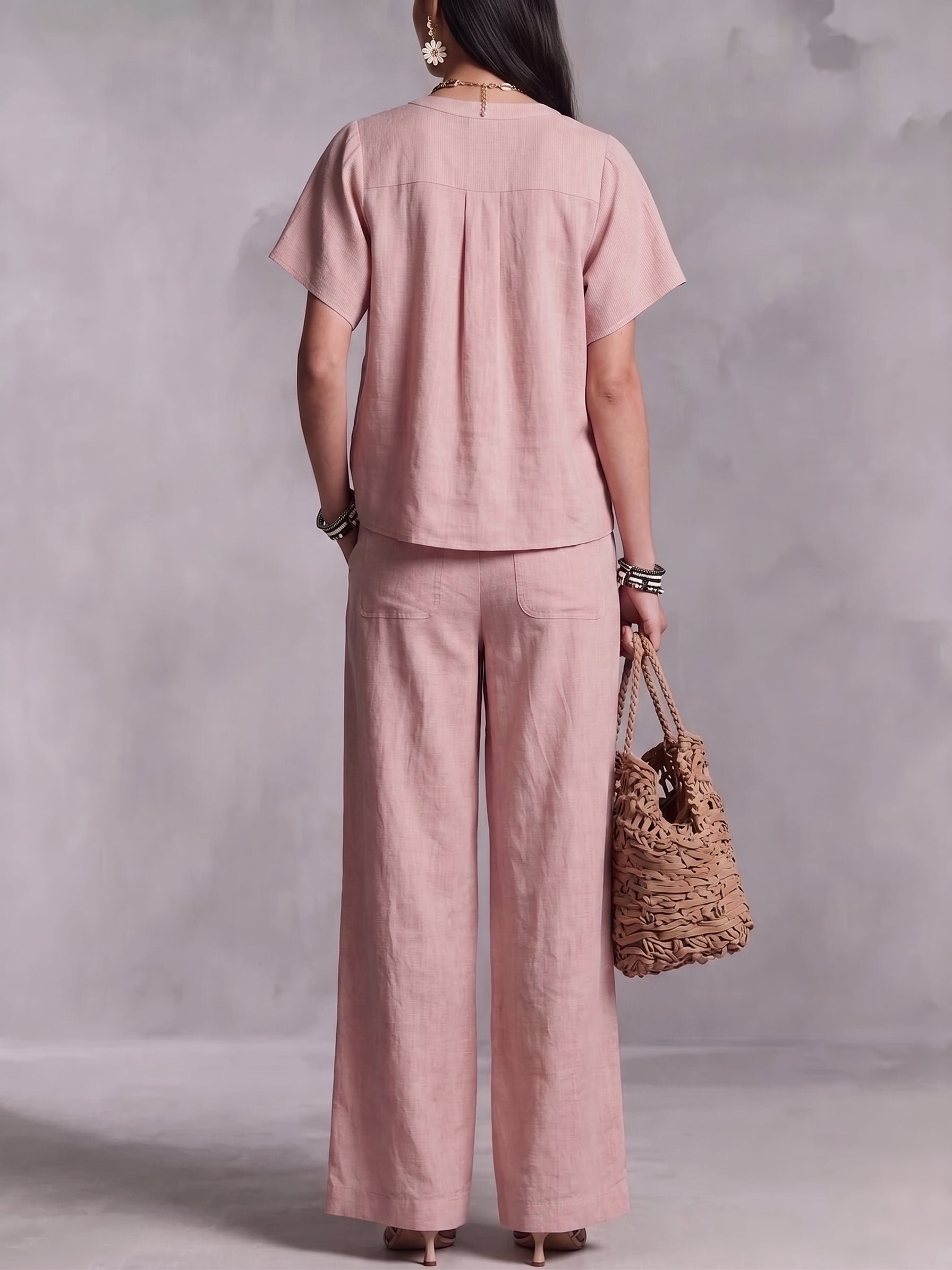 Women's Cotton-Linen V-Neck Casual Set for Beach Vacations