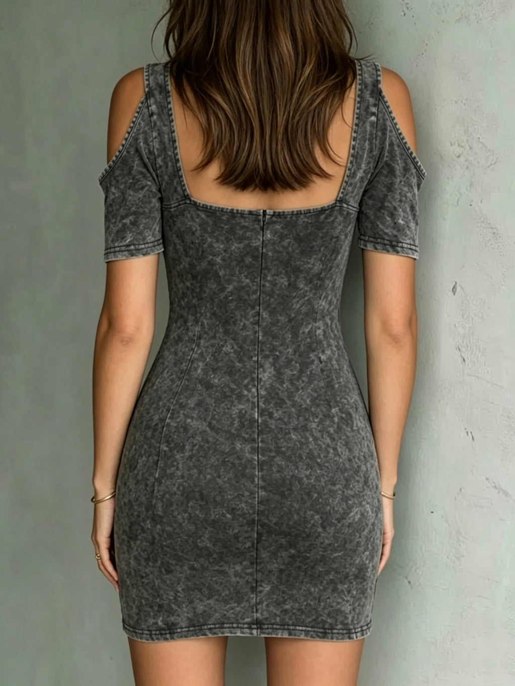 Washed Off-shoulder Square Neck Bodycon Mini Dress