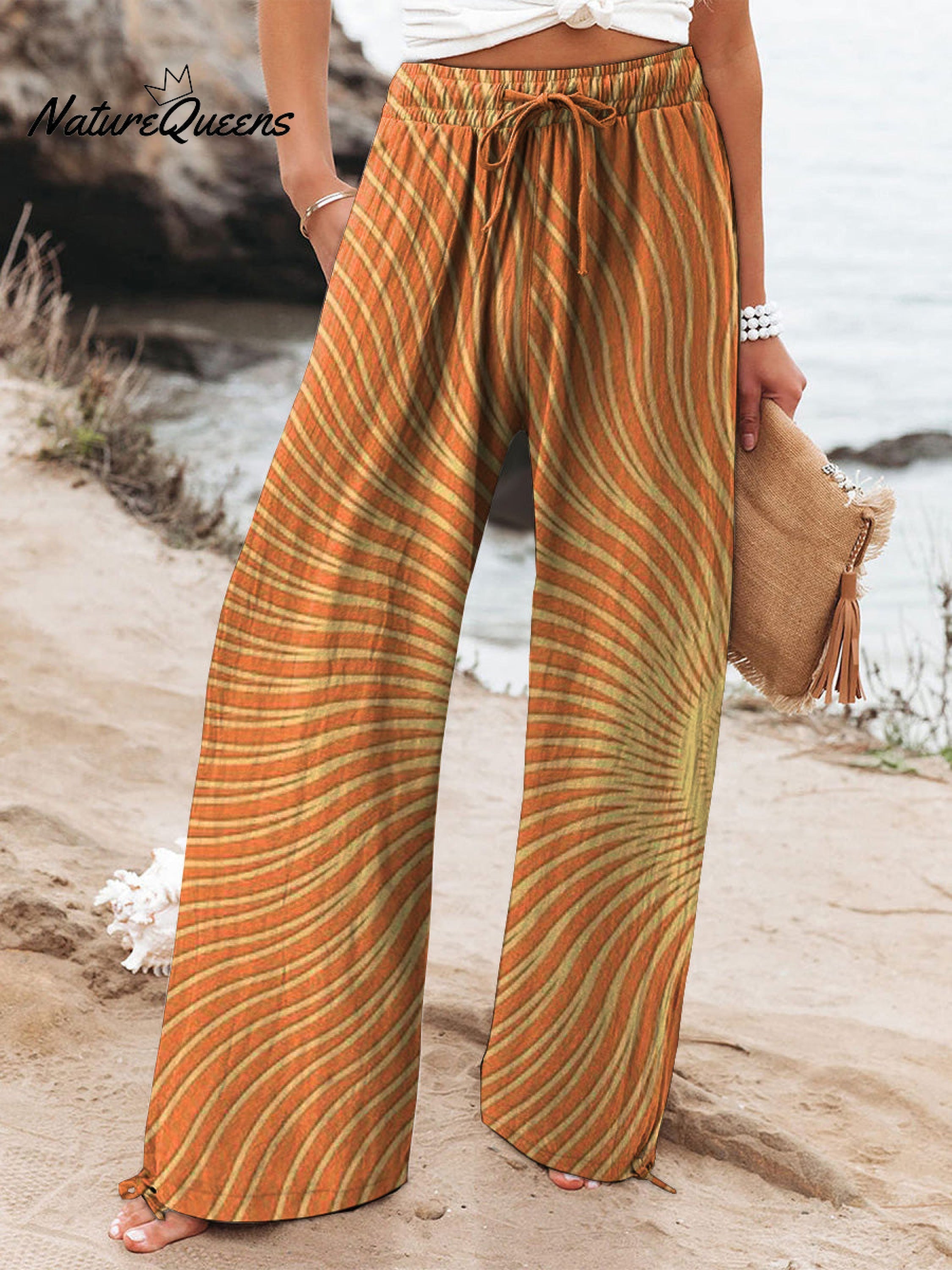 Celestial Sun Art Printed Women's Cotton And Linen Casual Pants