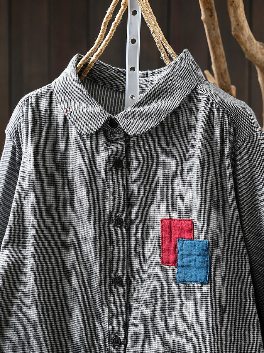 Women Spring Vintage Lattice Patchwork 100%Cotton Shirt