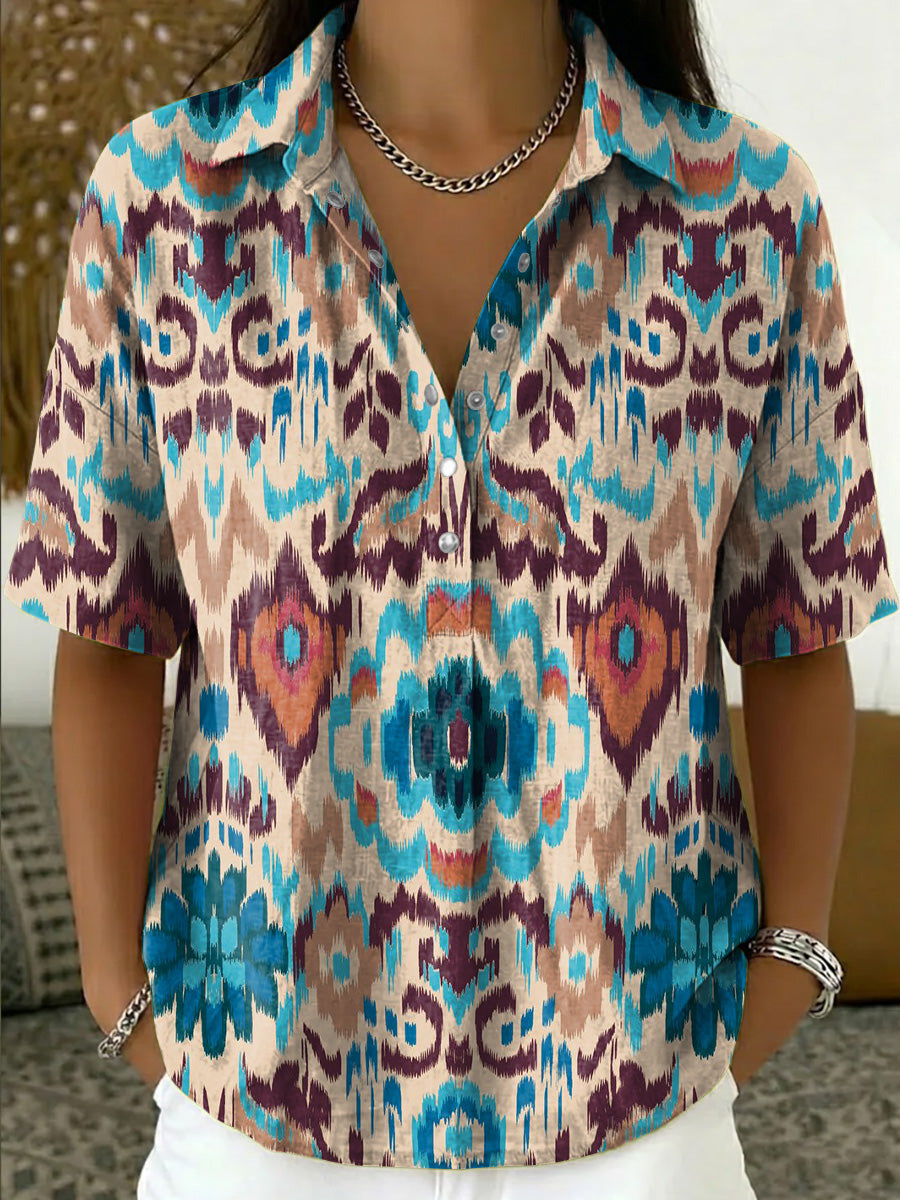 Colorful Ikat-print Short-sleeve Collared Shirt With Half-button Placket