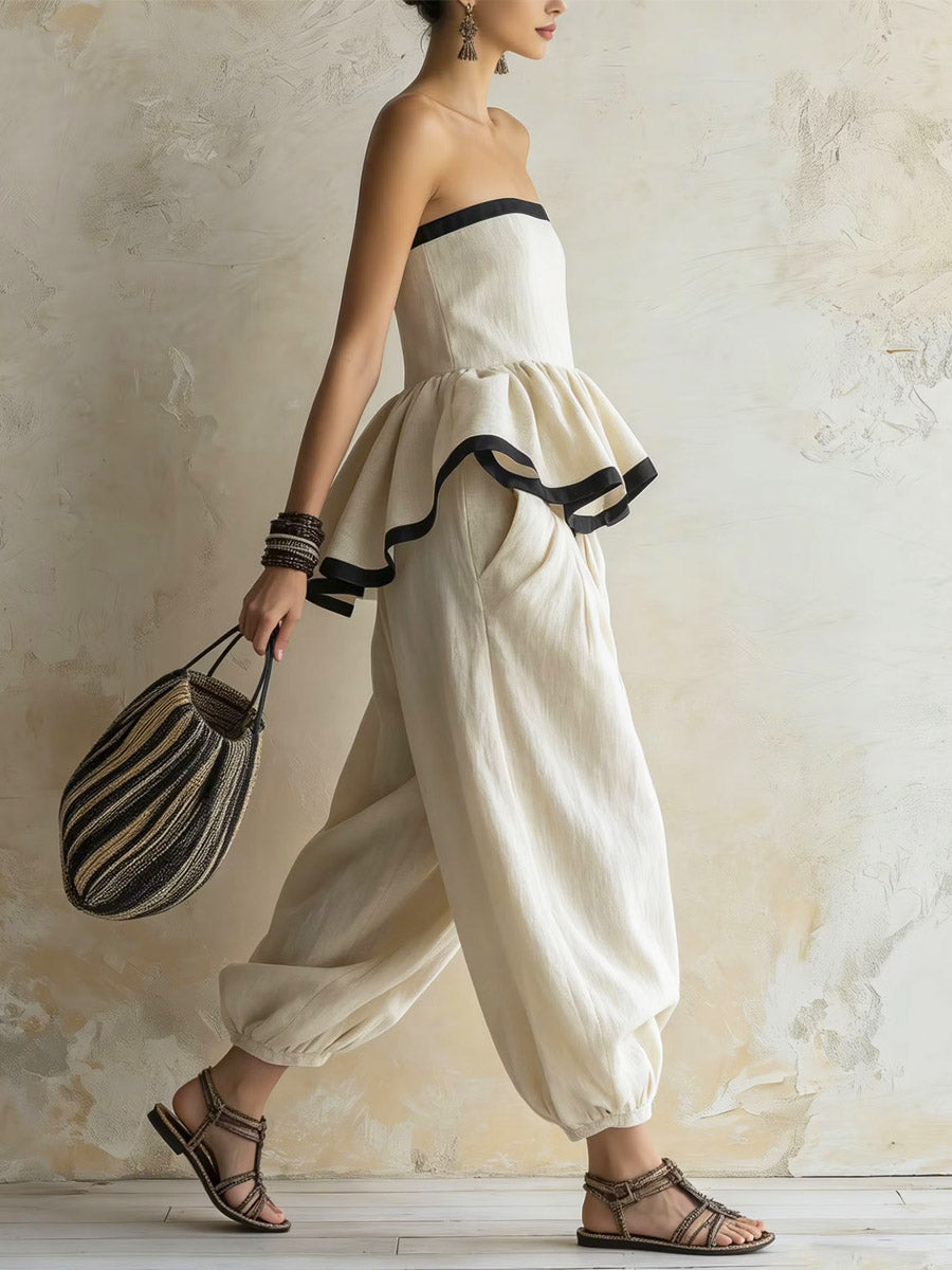 Women's Ruffled Art Stylish Casual Top And Pants Cotton Linen Two-piece Set