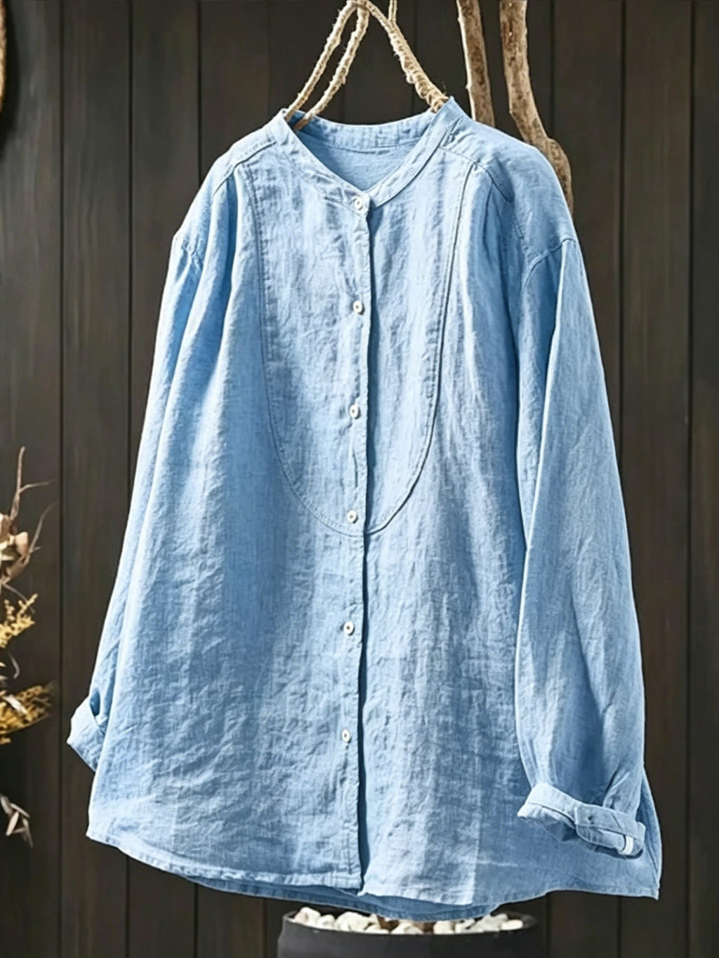 Loose-fit Cotton-linen Shirt With Stand Collar And Curved Placket