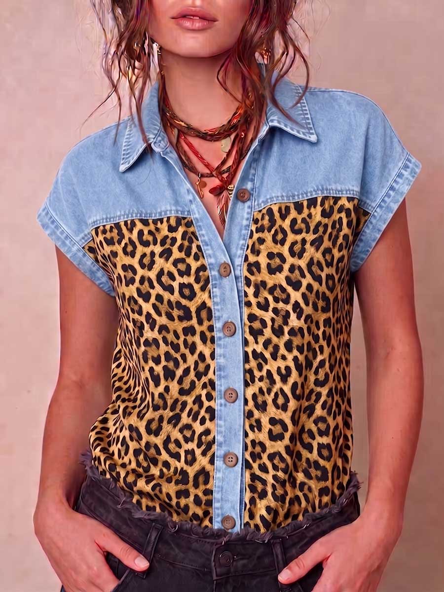 Women's Short-sleeve Casual Top: Loose-fit Denim-paneled Shirt With Leopard Print