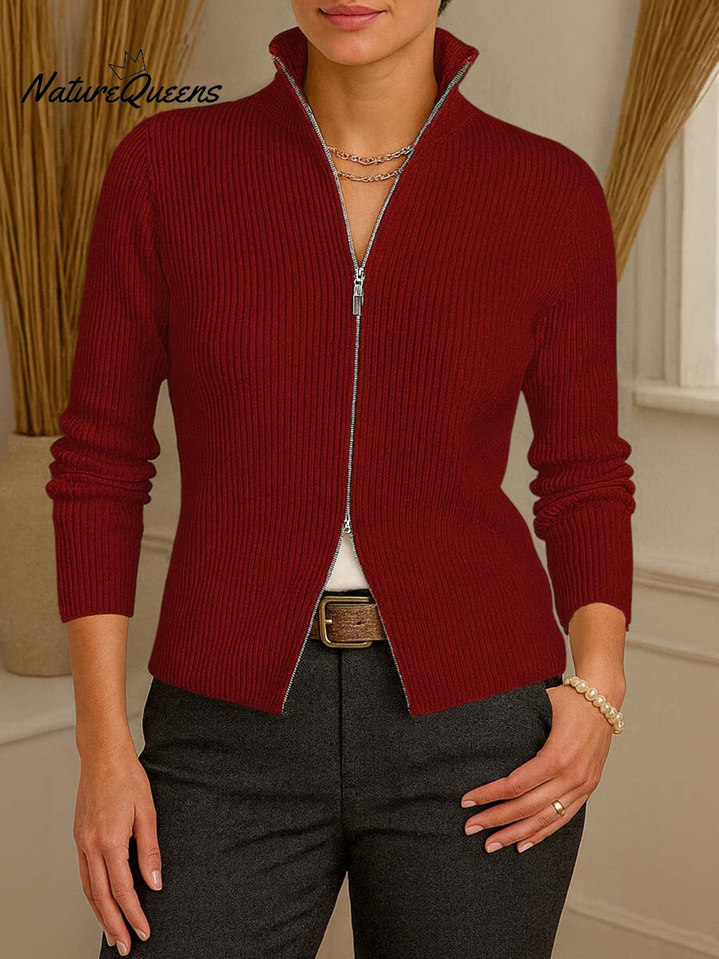 Women's Solid Color Turtleneck Long Sleeve Zippered Knit Top