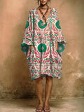 Women's Retro Cotton-linen Dress With Symmetrical Floral Pattern And Pockets