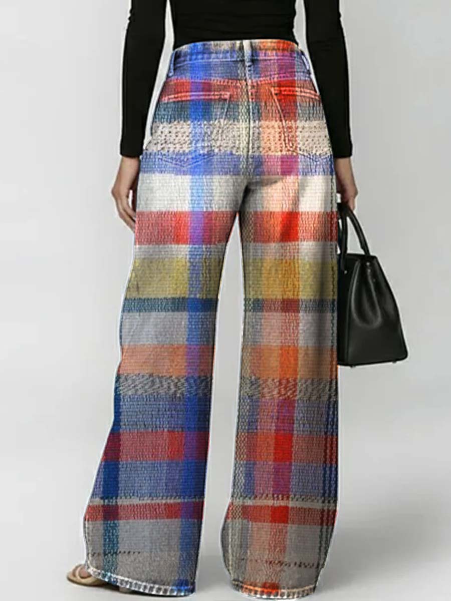 Women's Plaid Pattern Art Print Casual Stylish Hollow Denim Pants