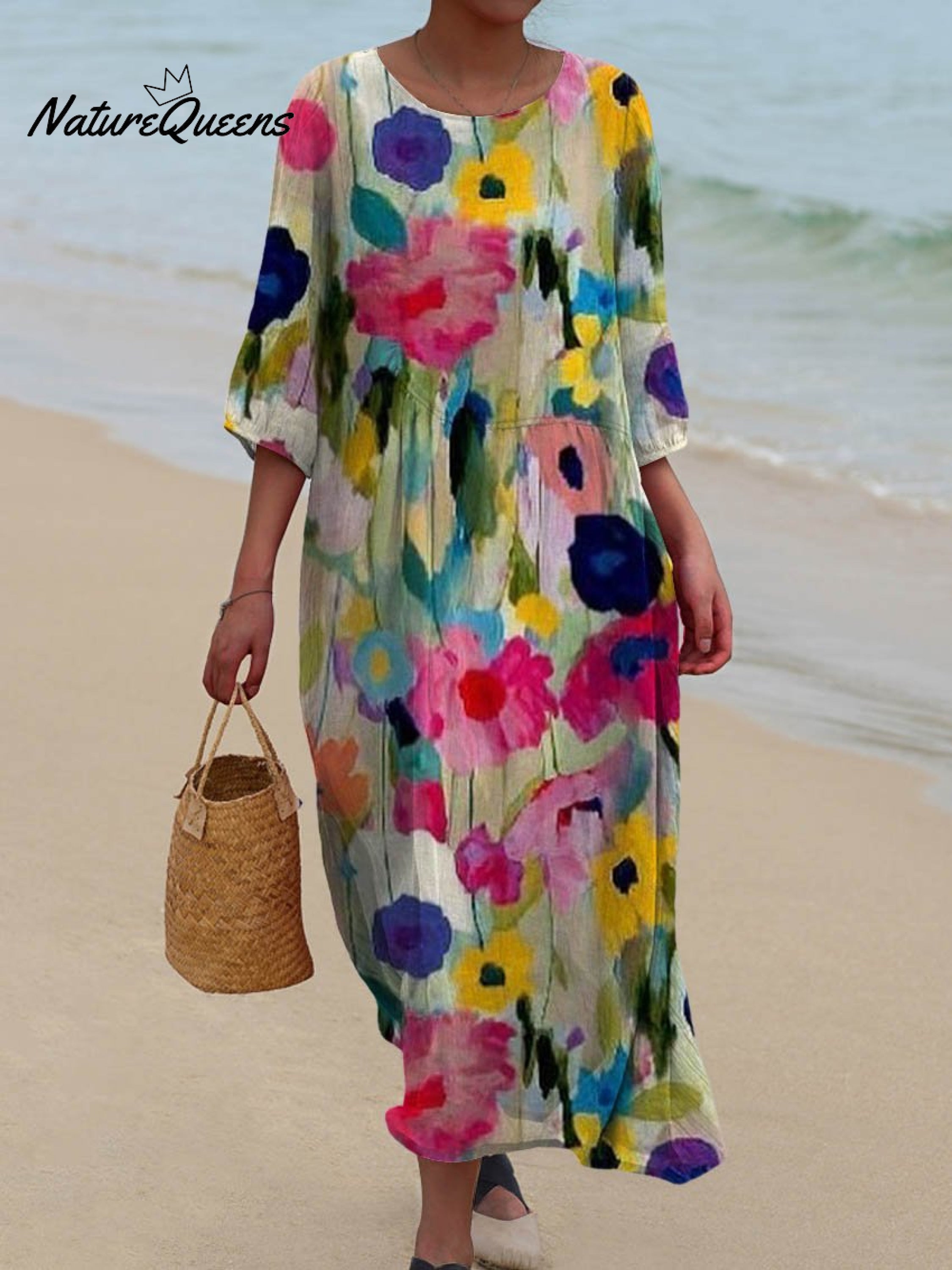 Women's Vintage Floral Art Print Pocket Cotton Dress