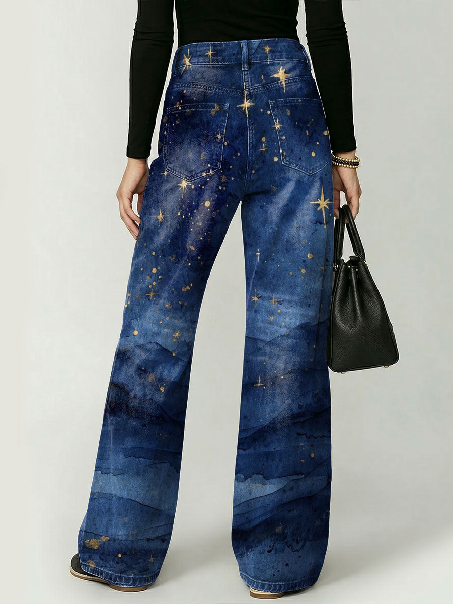 Gradient-colored Mountain, River, And Star Landscape Decorative Pattern Women's Cotton Denim Pants