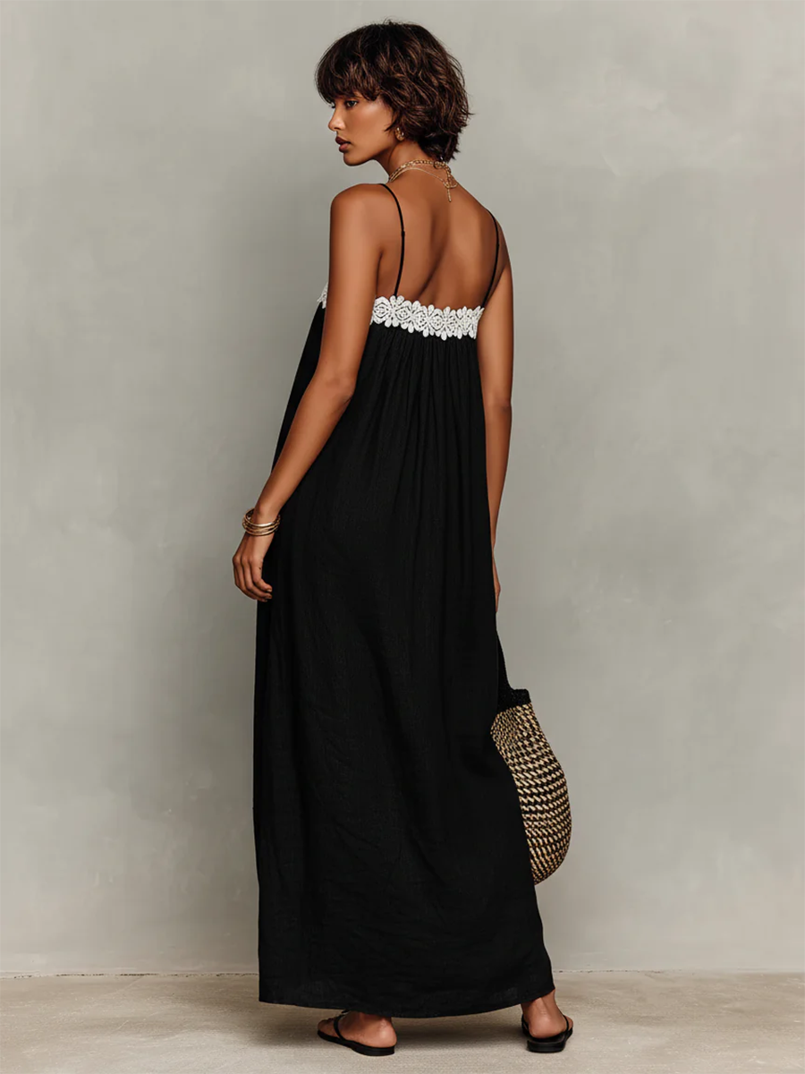 Retro Lace-trimmed Cotton-linen Maxi Slip Dress