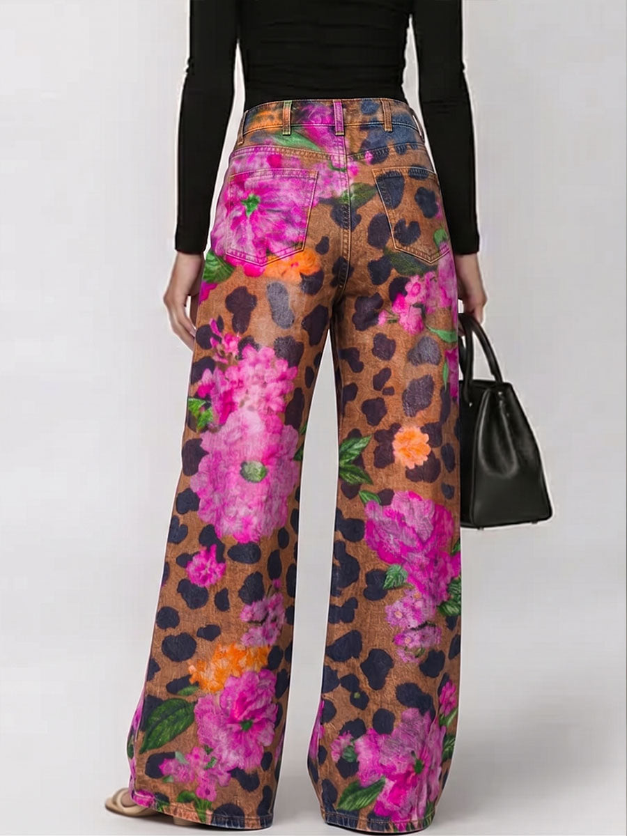Women's Retro Abstract Print High-waisted Wide-leg Jeans