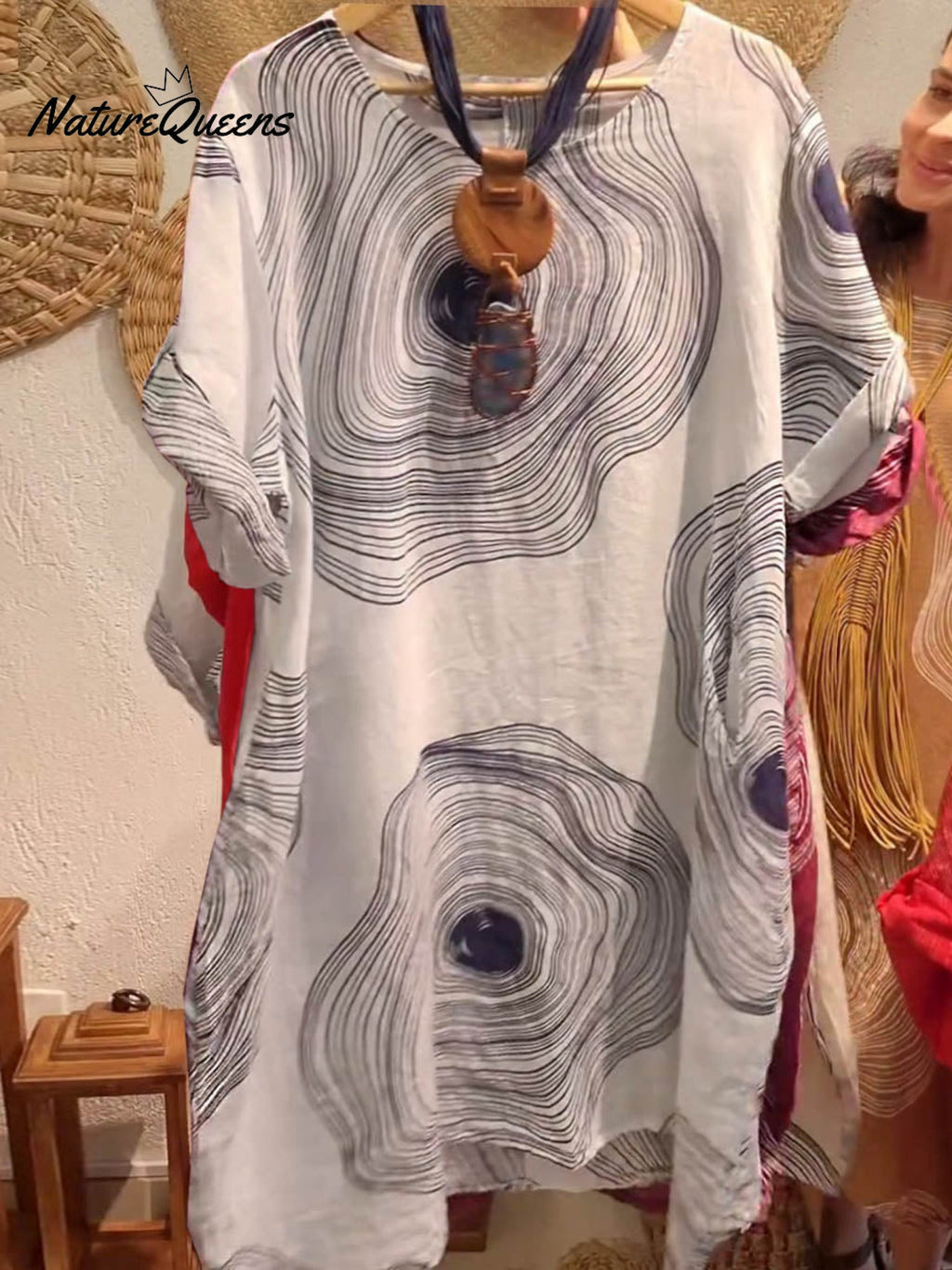 Women's Crew Neck Abstract Print 3/4 Sleeve Casual Linen Pocket Dress