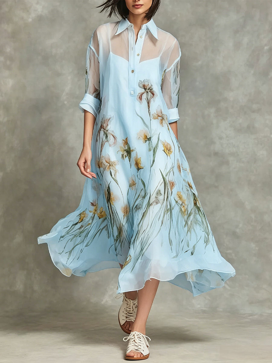 Women's Casual Loose Chiffon Dress Set: Collared 3/4-sleeve Dress With Placement Print
