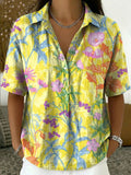Women's Vintage Botanical Floral Casual Polo Collar Short-sleeved Linen And Cotton Shirt
